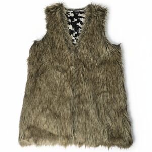 XOXO Vest Faux Fur Front Brown Leopard Sweater Knit Back Women's Medium Boho 70s